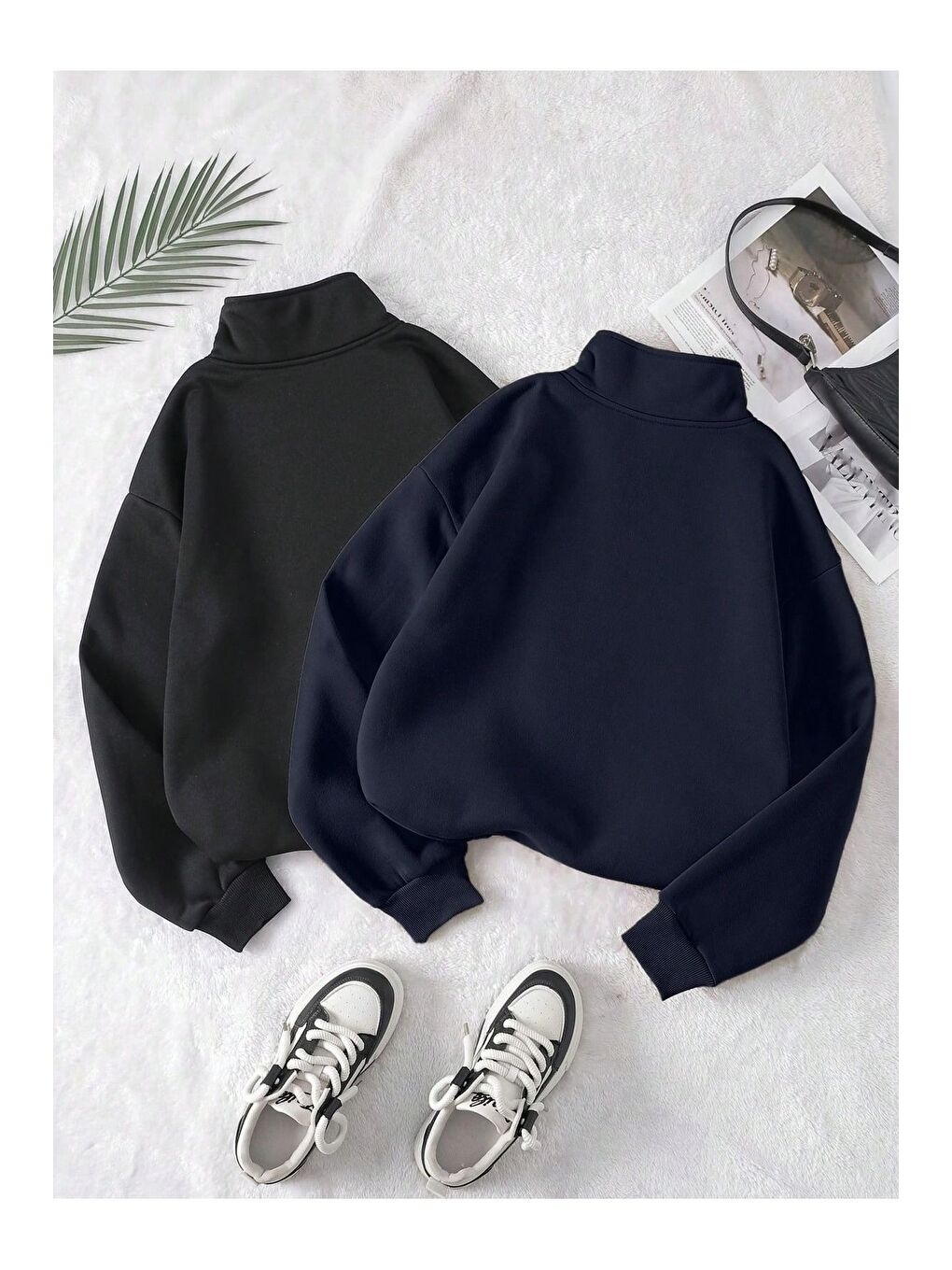 Trendseninle Kadın Lacivert Siyah Oversize Yarım Fermuarlı 2Li Sweatshirt Set - 1