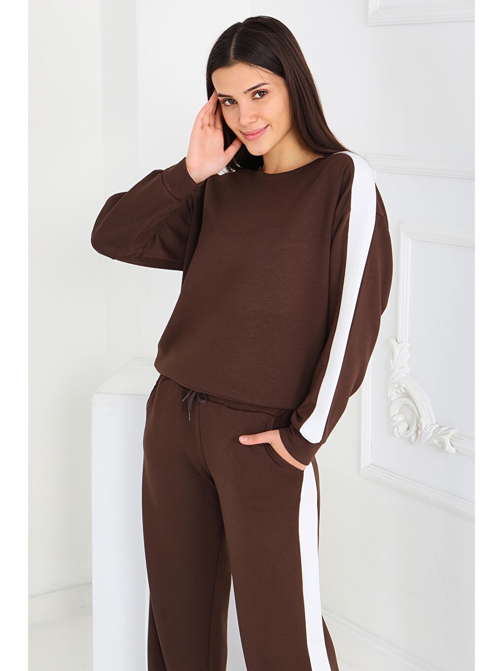 Kahverengi Garnili Modal İkili Takım Kahve - 27870-KAHVE-2