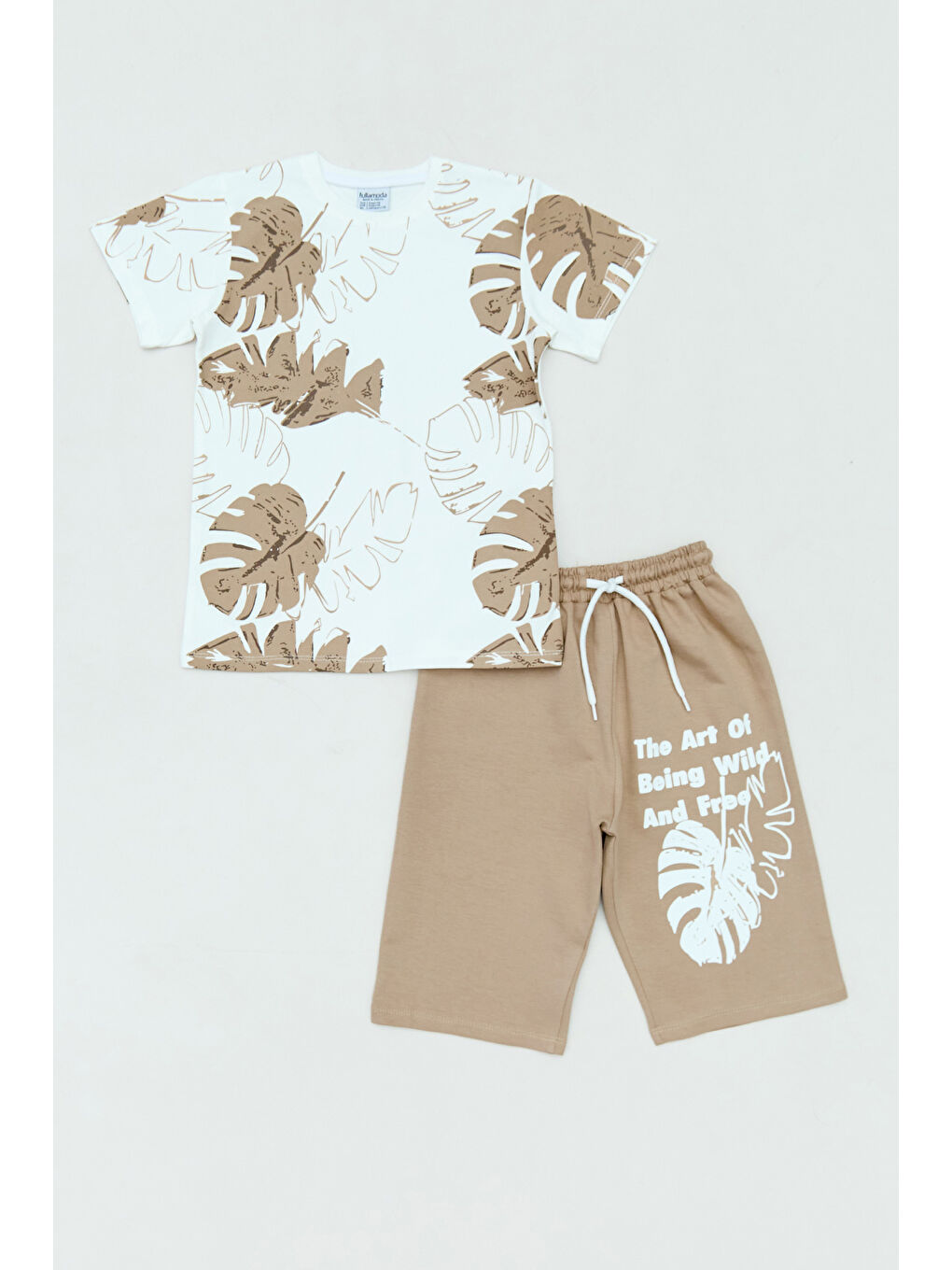 Bej Yaprak Baskılı 2 Li Erkek Çocuk Şortlu Takım