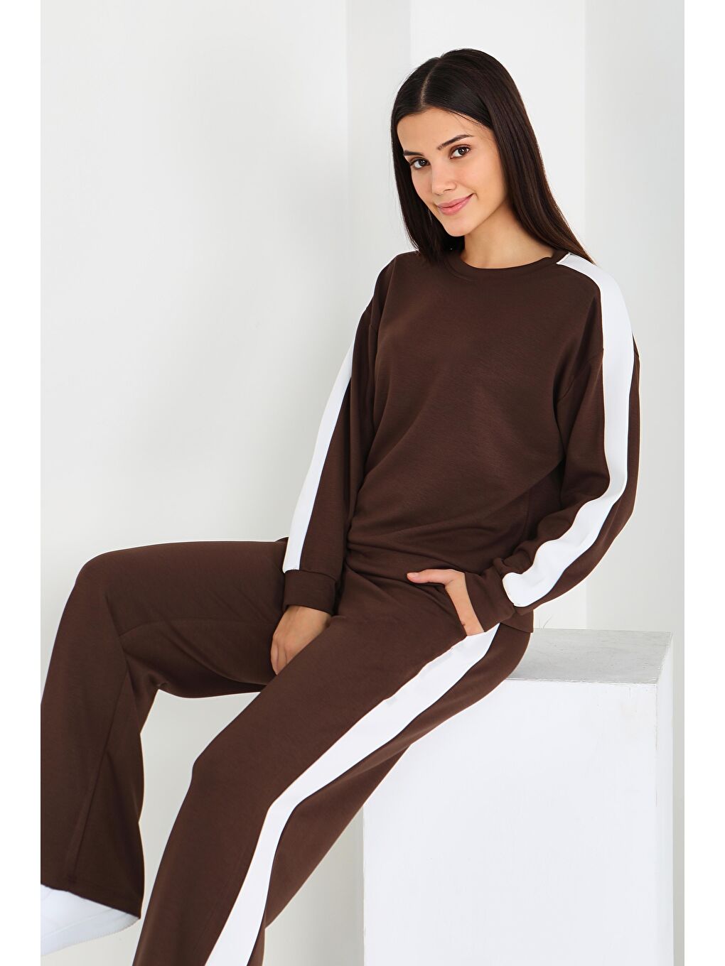 Kahverengi Garnili Modal İkili Takım Kahve - 27870-KAHVE-3