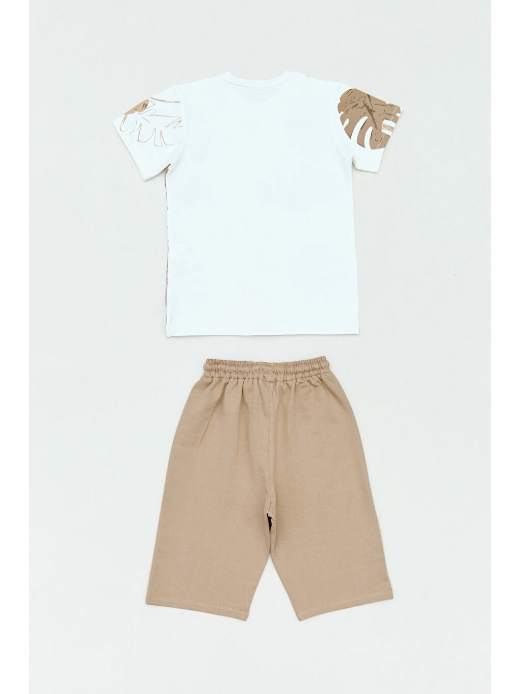 Bej Yaprak Baskılı 2 Li Erkek Çocuk Şortlu Takım-1