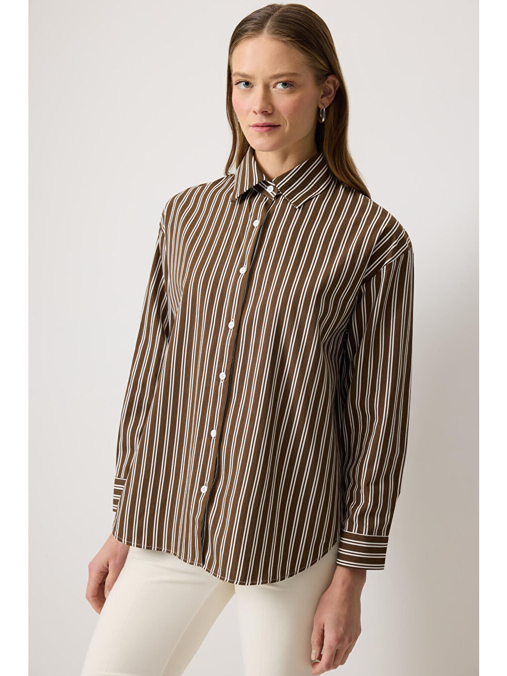 Kahverengi Relax Fıt Çizgili Gömlek-1