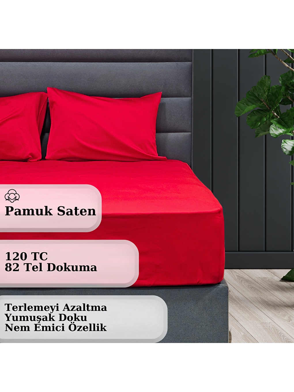 Rossav Home Pamuk Saten İpek Dokulu Çift Kişilik Çarşaf Seti | Lastikli Çarşaf | Kırmızı - 1