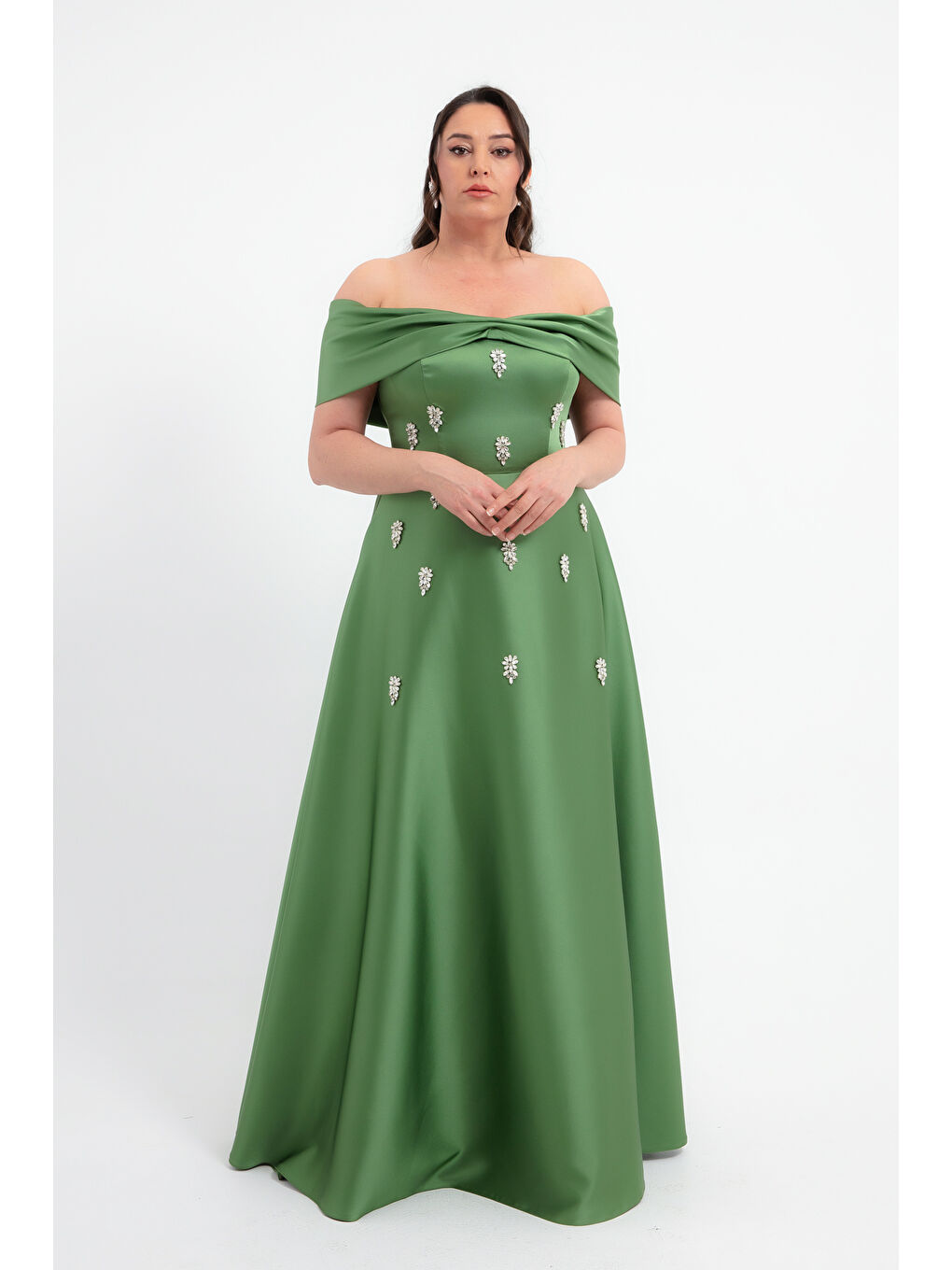 Kadın Haki Straplez Taşlı Büyük Beden Uzun Saten Abiye Elbise-1