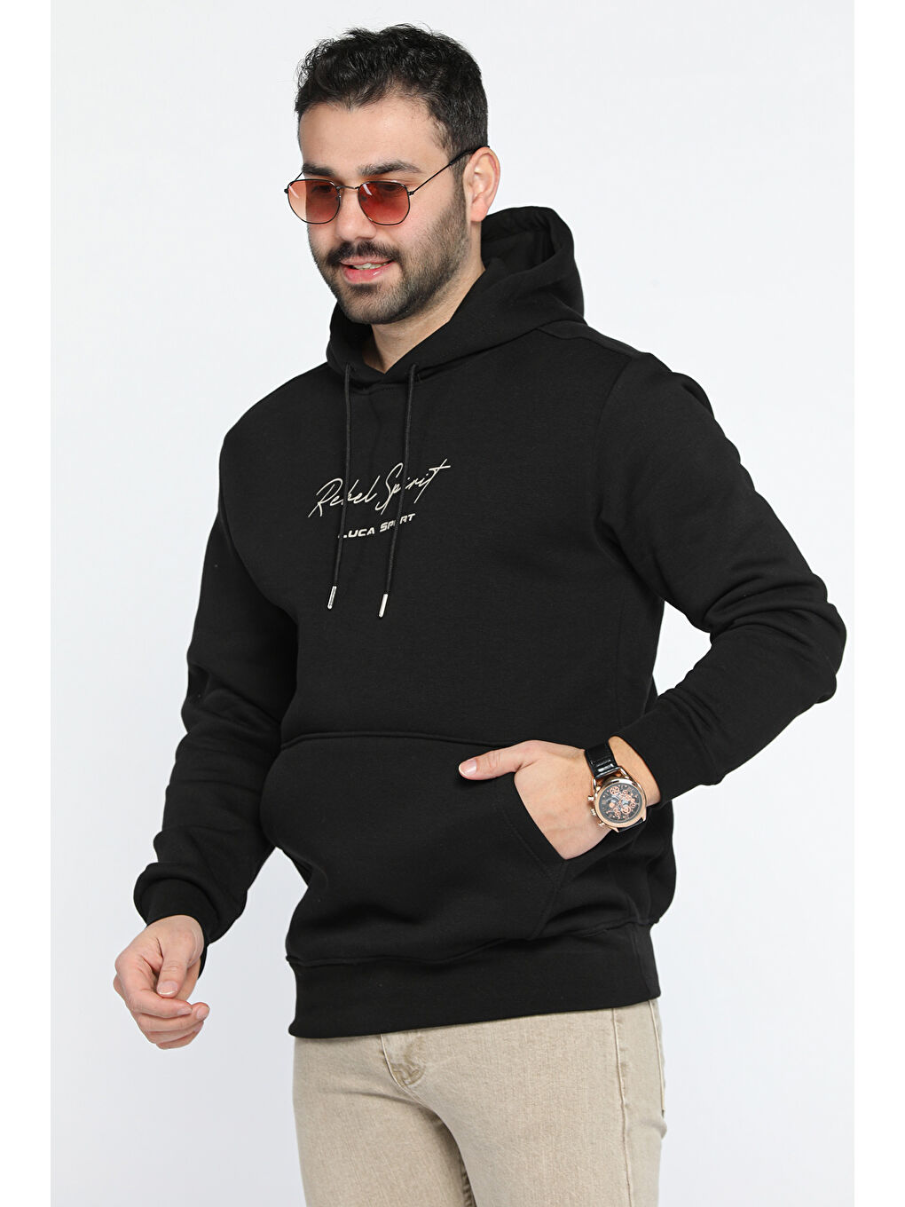 Mishar İtalia Siyah Üç İplik Şardonlu Kanguru Cepli Erkek Sweatshirt