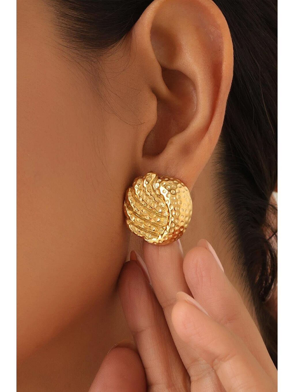 Sarı Gold Dokulu Bagel Çivi Çelik küpe-3