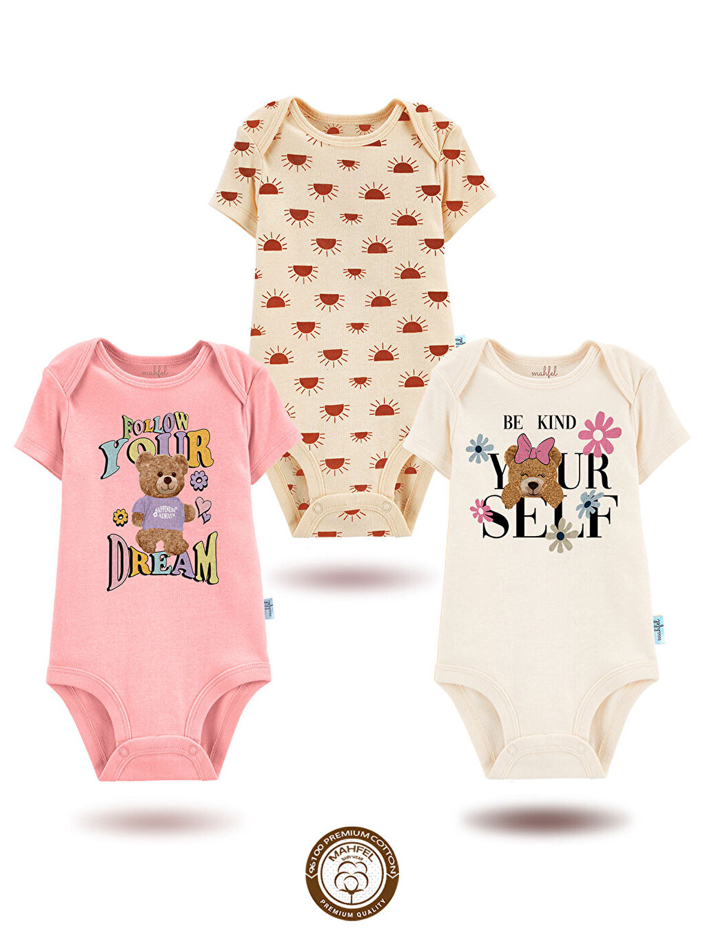 Yeşil 3'Lü %100 Pamuklu Organik Baskılı Kısa Kollu Çıtçıtlı Bebek Body Zıbın 777-779