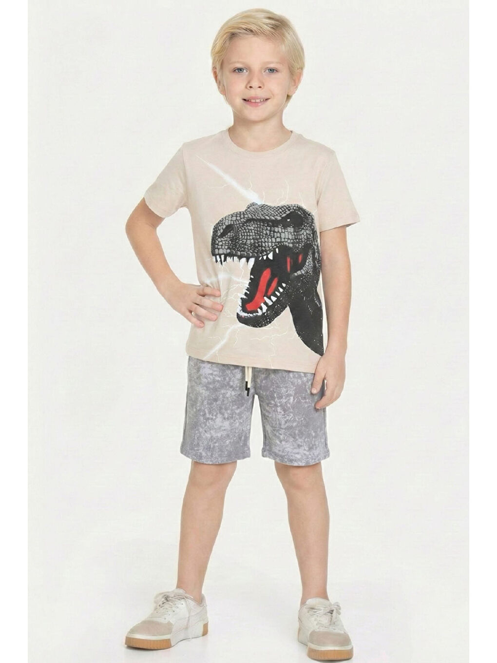 Gri Erkek Çocuk Dinozor Görselli Kaprili Alt-Üst Takım 3-10 Yaş 12553