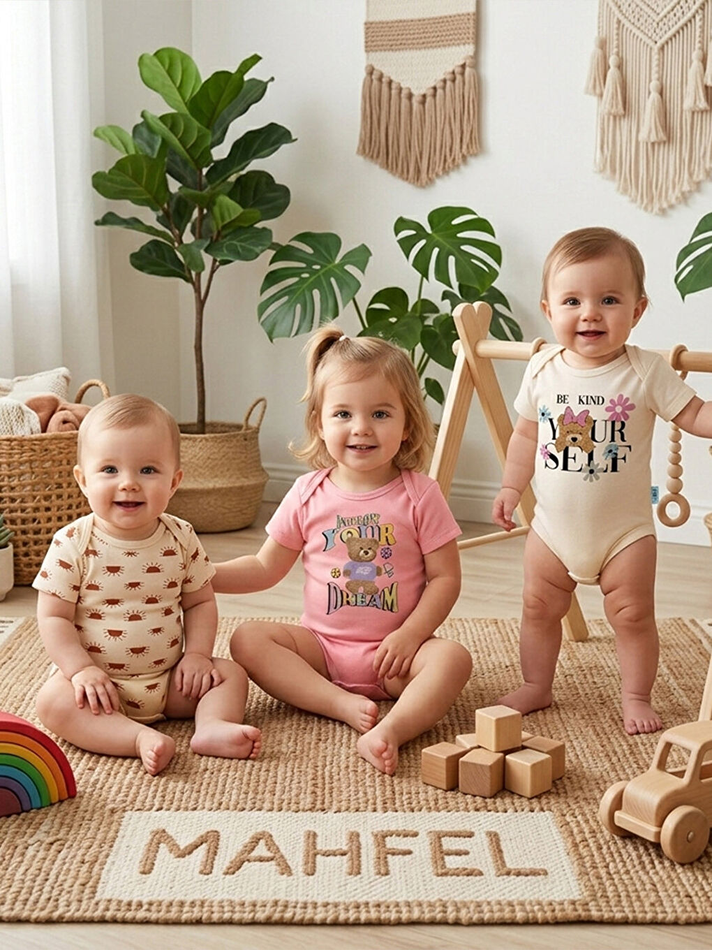 Yeşil 3'Lü %100 Pamuklu Organik Baskılı Kısa Kollu Çıtçıtlı Bebek Body Zıbın 777-779-1