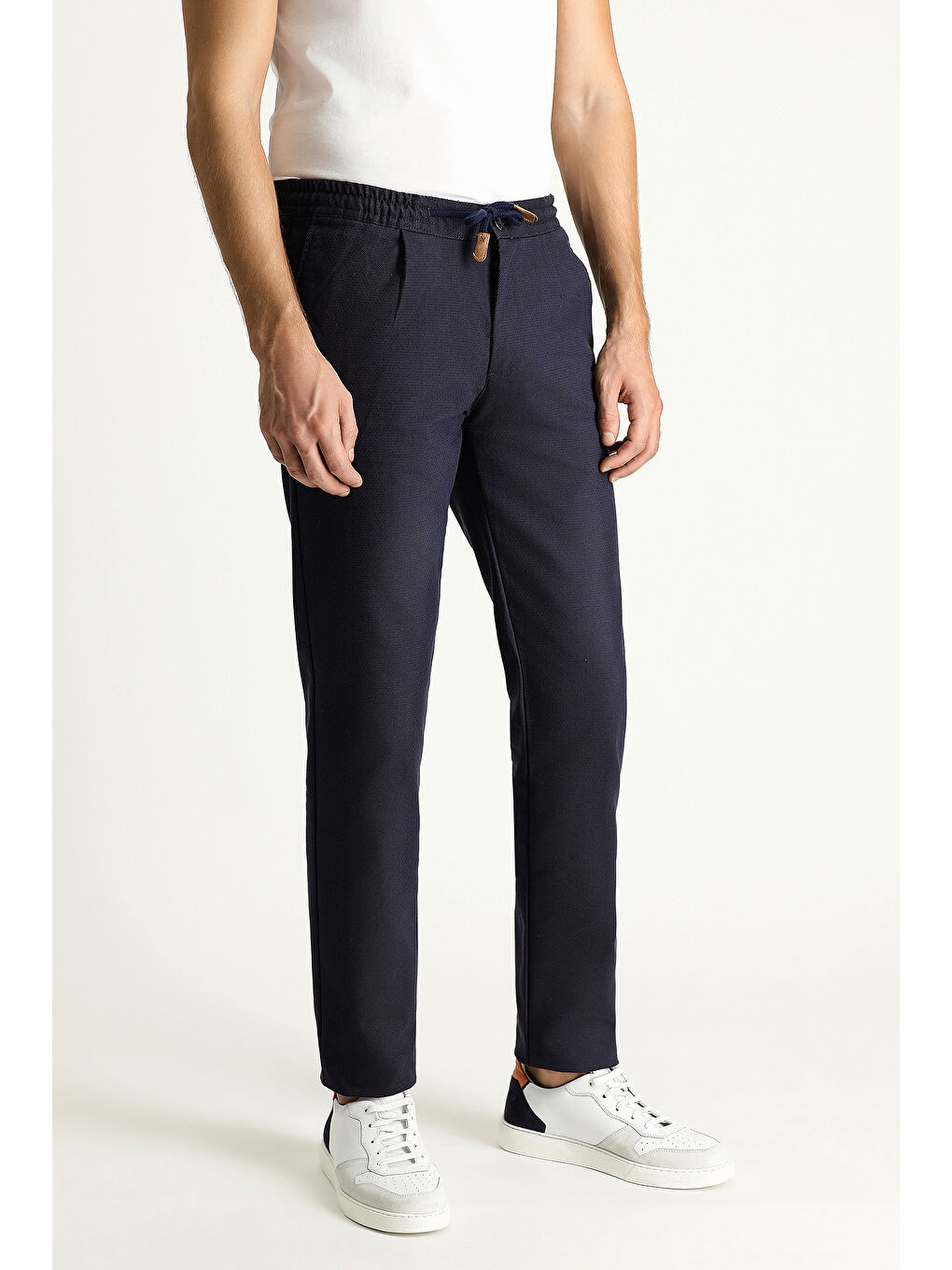 Lacivert Slim Fit Dar Kesim Beli Lastikli İpli Desenli Elastanlı Pantolon-3