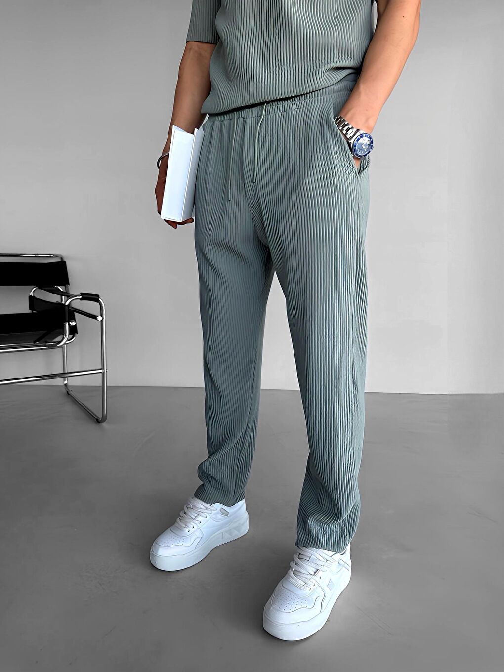 Yeşil Erkek Baggy Fit Fitilli Rahat Pantolon Mint-1