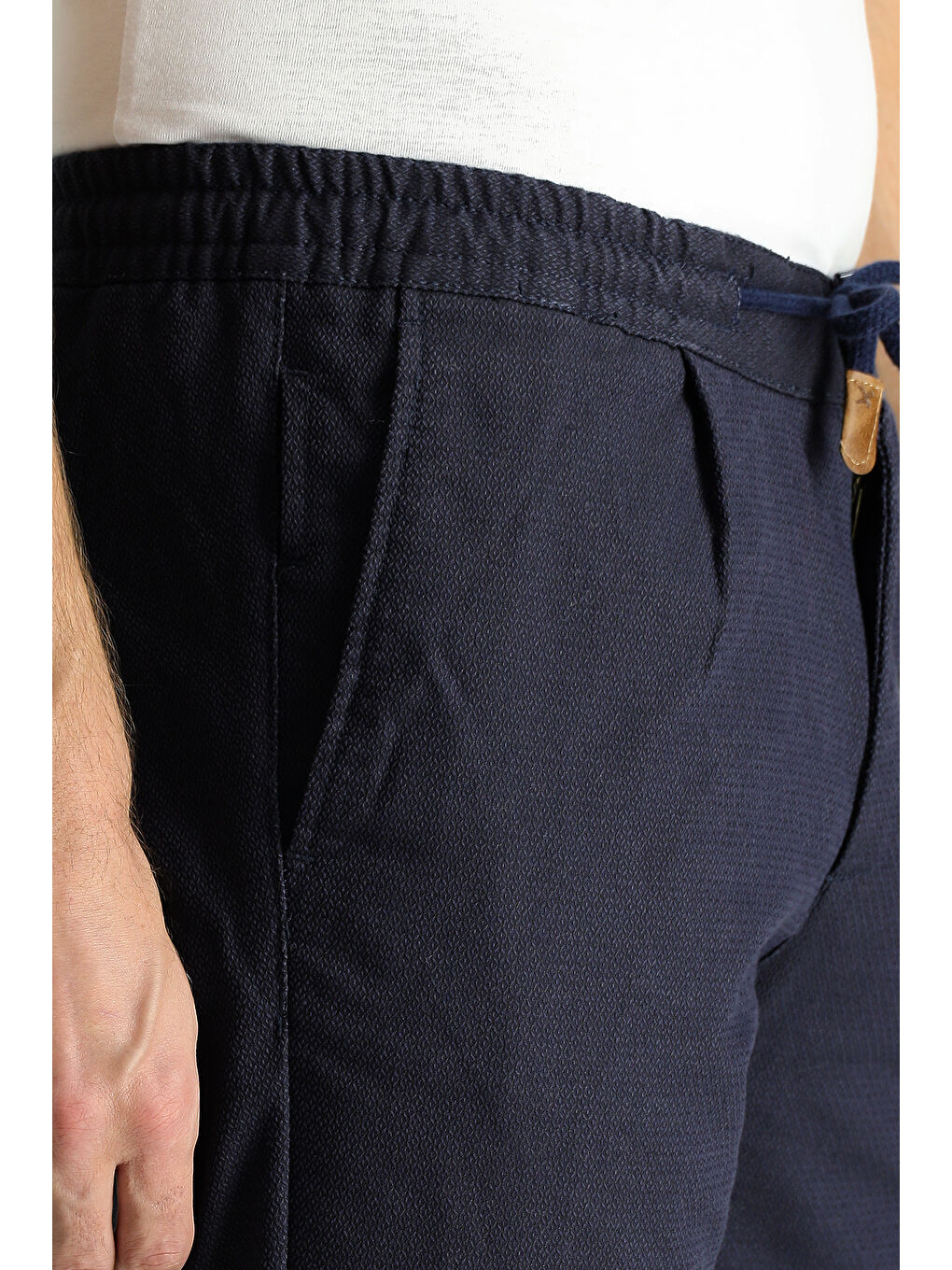 Lacivert Slim Fit Dar Kesim Beli Lastikli İpli Desenli Elastanlı Pantolon-5