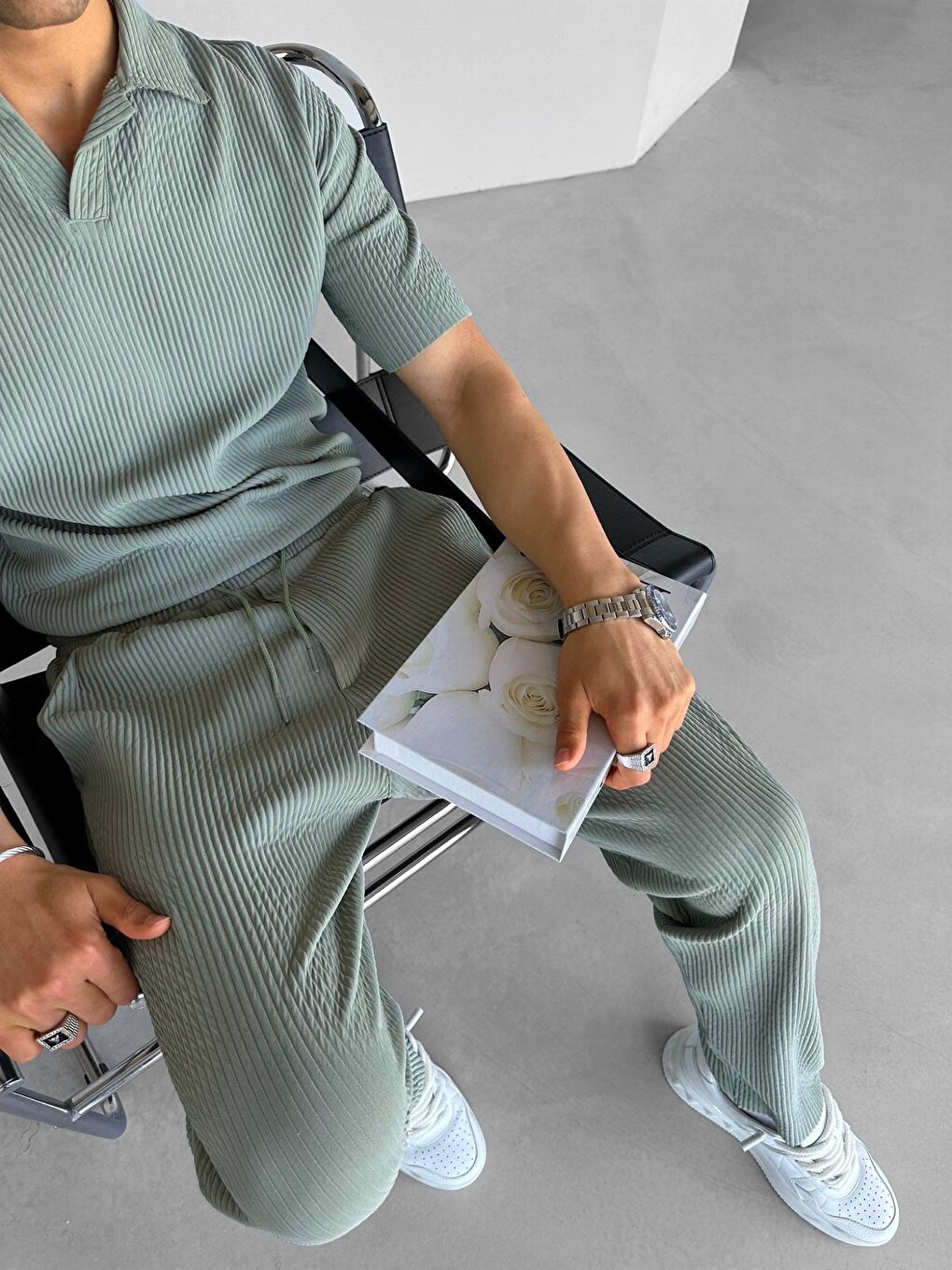 Yeşil Erkek Baggy Fit Fitilli Rahat Pantolon Mint-2