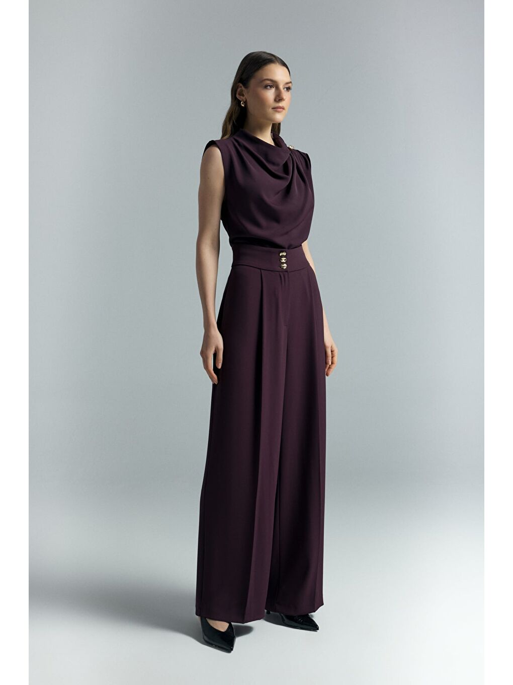 Talia Düğme Detaylı Pantolon - Mürdüm