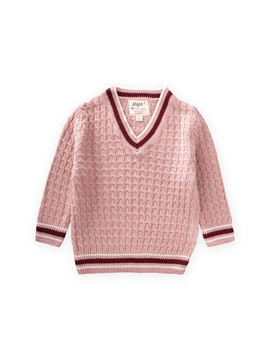 Saç Örgü V Yaka Kazak 2-9 Yaş Pudra Pembe
