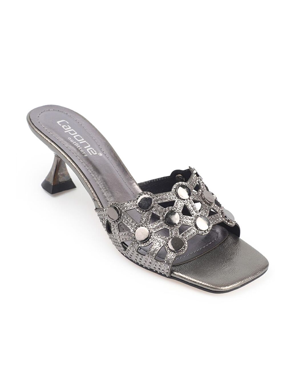 Gri Küt Burunlu Metal Aksesuarlı Kum Saati Topuklu Kırışık Rugan  Kadın Terlik-1