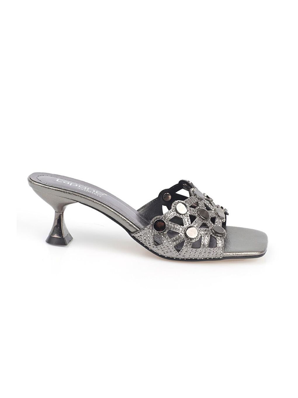 Gri Küt Burunlu Metal Aksesuarlı Kum Saati Topuklu Kırışık Rugan  Kadın Terlik-2