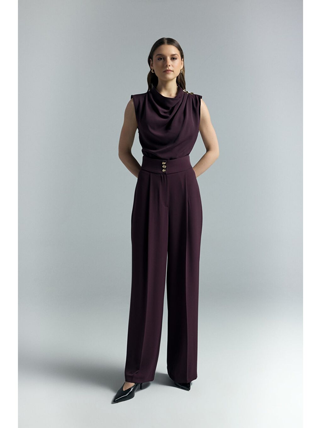 Talia Düğme Detaylı Pantolon - Mürdüm-1