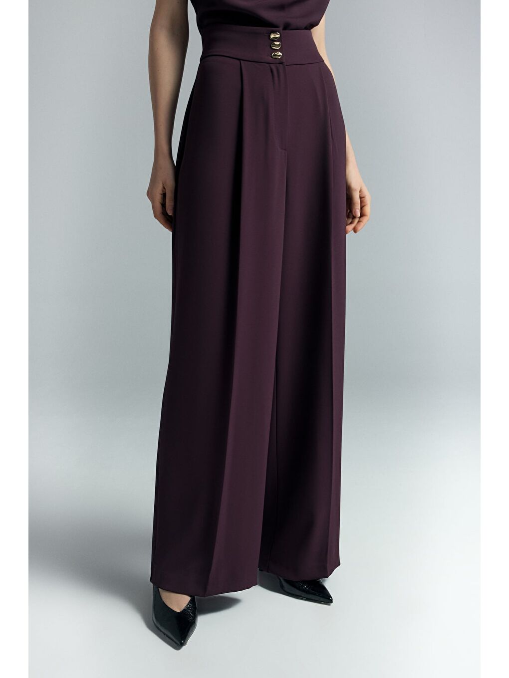 Talia Düğme Detaylı Pantolon - Mürdüm-2