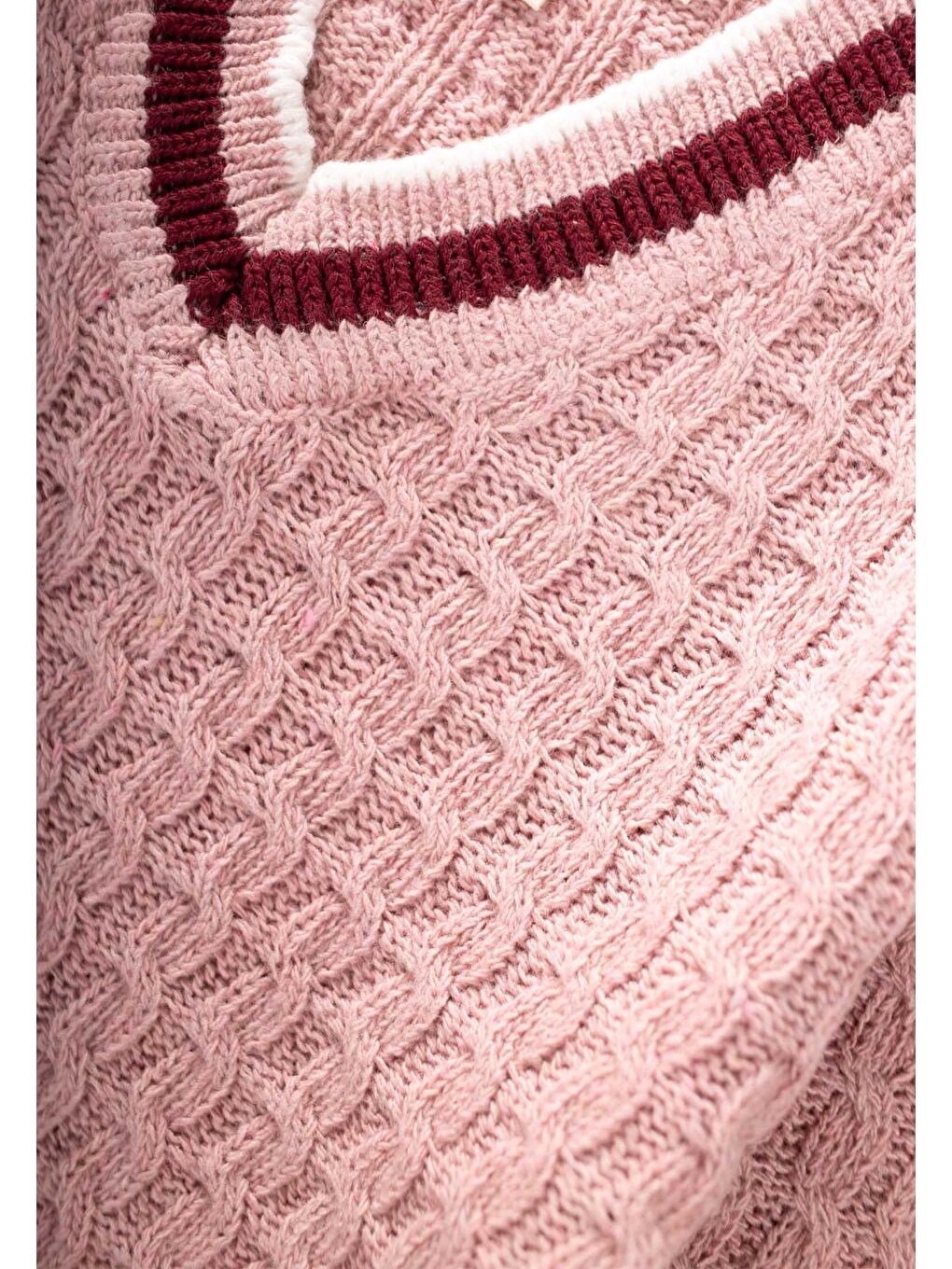 Saç Örgü V Yaka Kazak 2-9 Yaş Pudra Pembe-2