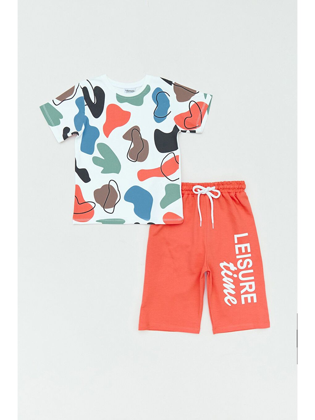 Kahverengi Desenli Bisiklet Yaka 2 Li Erkek Çocuk Şortlu Takım
