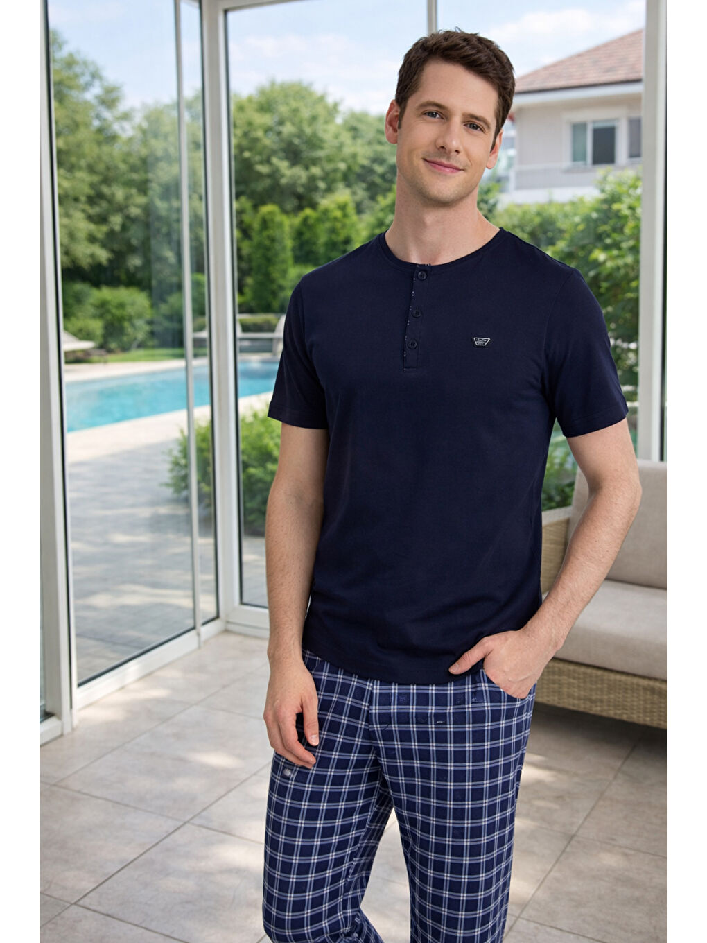 Lacivert Büyük Beden Erkek Penye Kısa Kol Pijama Takımı-1