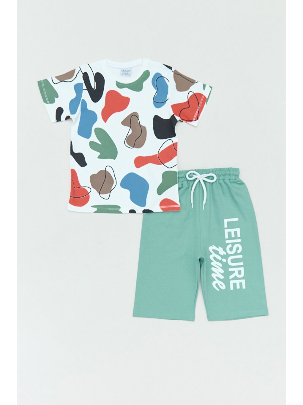 Turkuaz Desenli Bisiklet Yaka 2 Li Erkek Çocuk Şortlu Takım