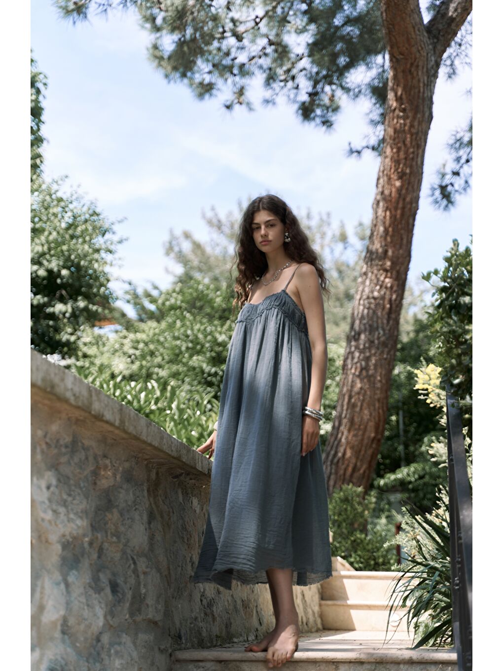 Gri Torrora Uzun Füme Keten Elbise-1
