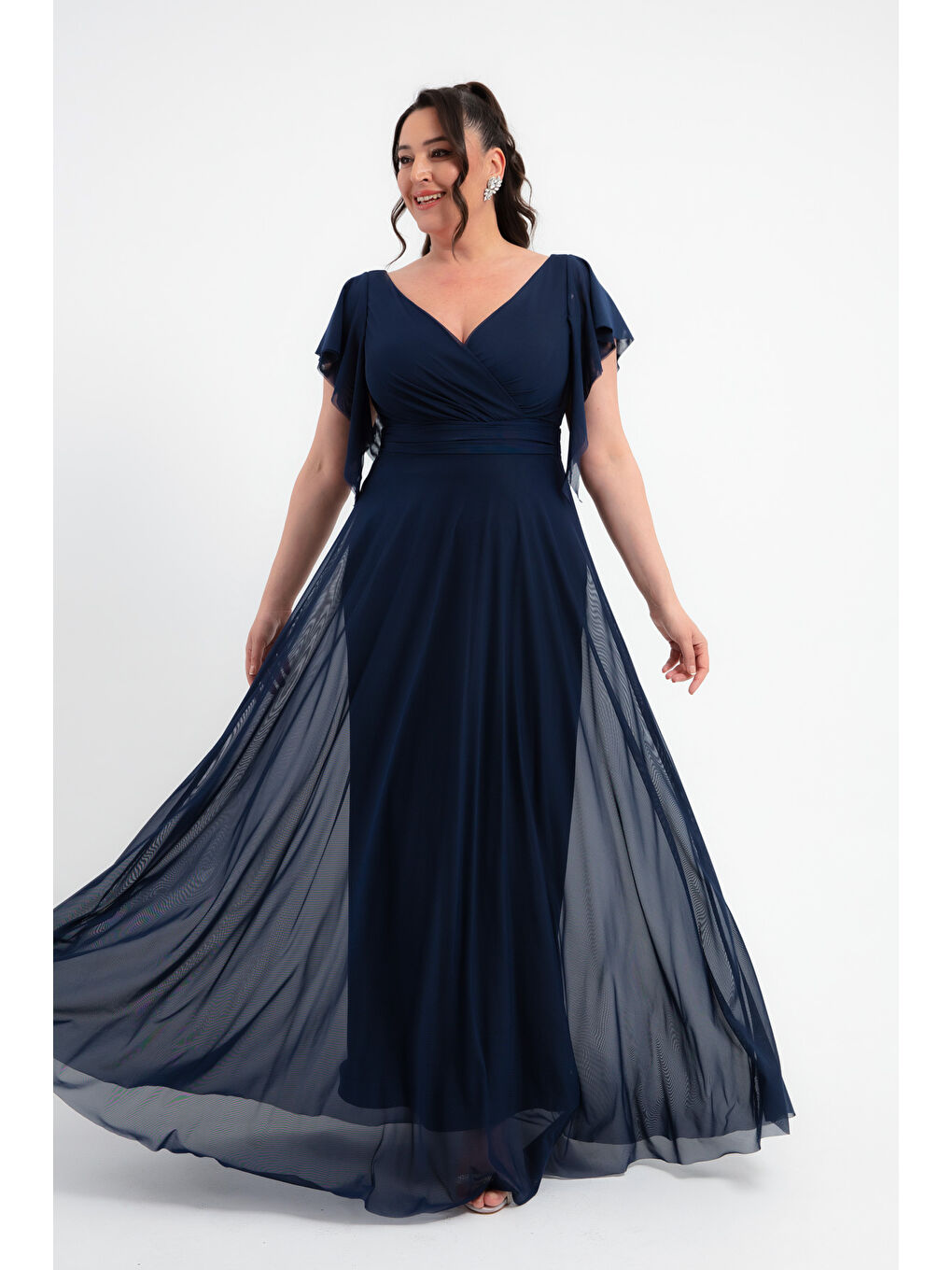 Kadın Lacivert V Yaka Kısa Kollu Büyük Beden Uzun Abiye Elbise