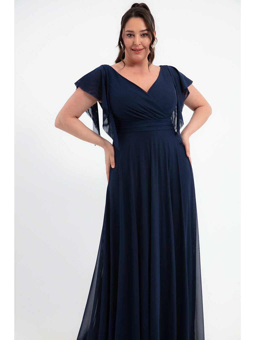 Kadın Lacivert V Yaka Kısa Kollu Büyük Beden Uzun Abiye Elbise-1