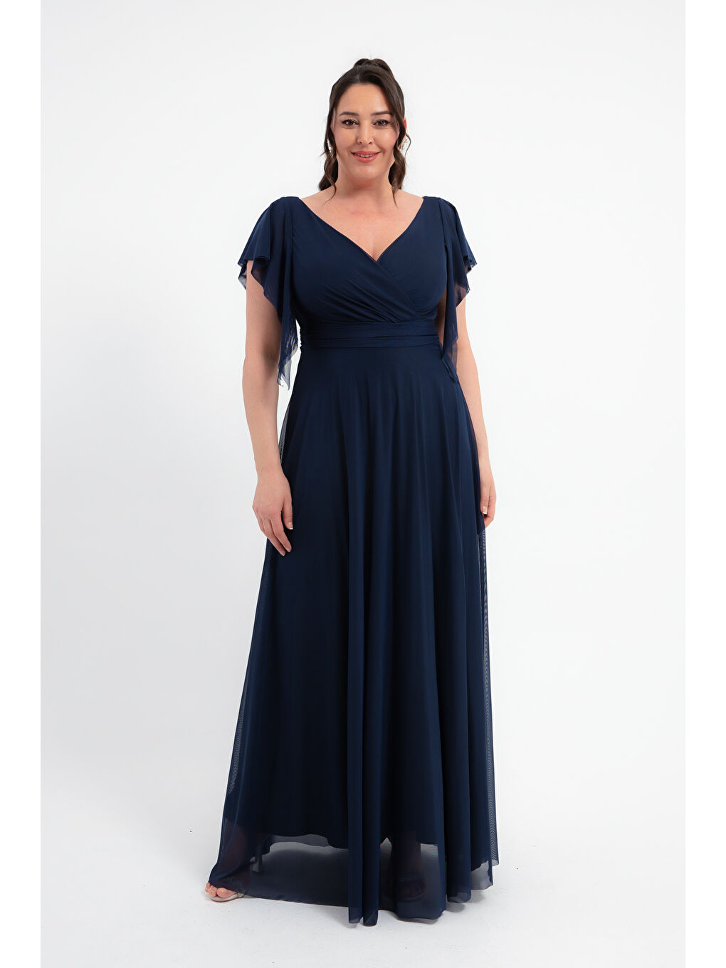 Kadın Lacivert V Yaka Kısa Kollu Büyük Beden Uzun Abiye Elbise-3