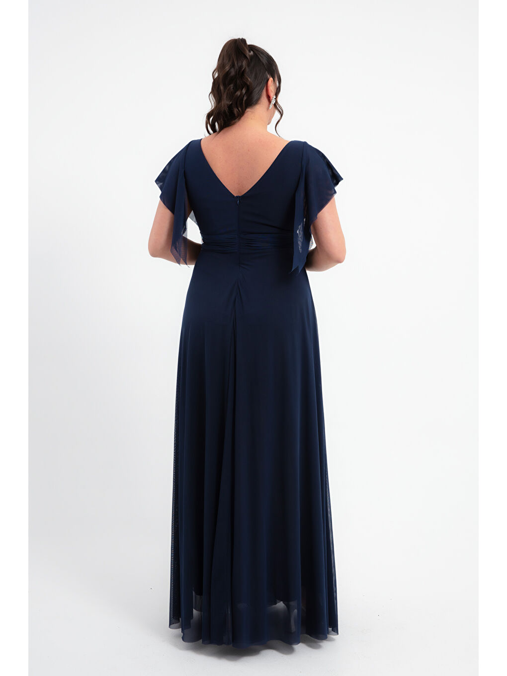 Kadın Lacivert V Yaka Kısa Kollu Büyük Beden Uzun Abiye Elbise-4