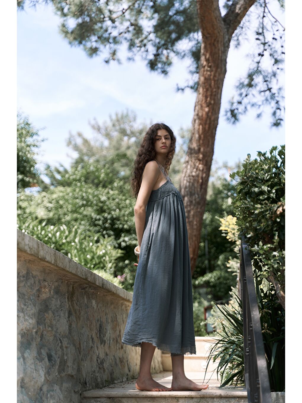 Gri Torrora Uzun Füme Keten Elbise-2