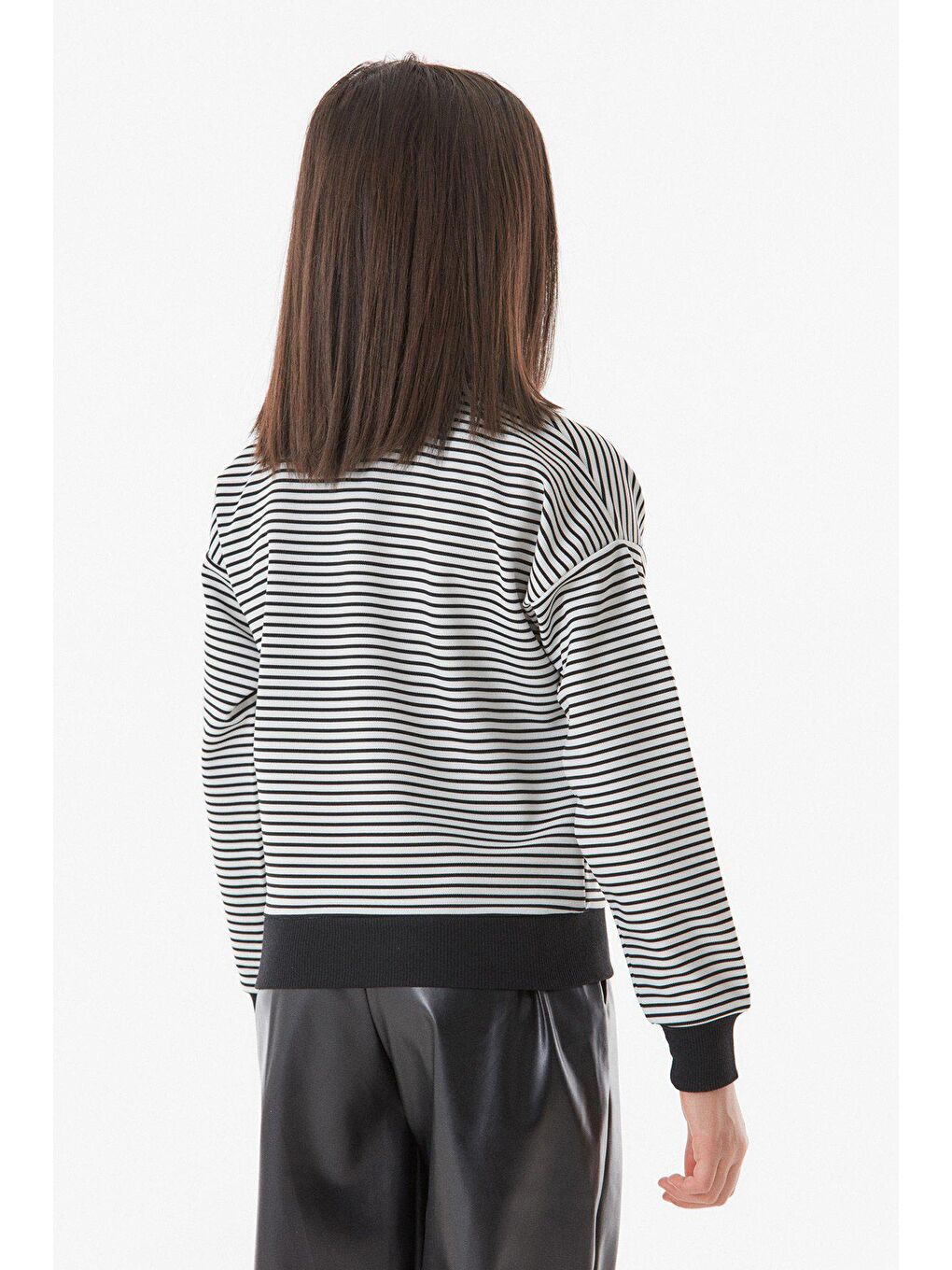 Ekru Kalp Nakışlı Çizgili Kız Çocuk Sweatshirt-3