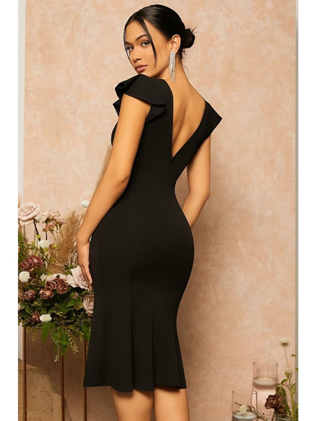 Siyah Kadın Kısa Kelebek Kollu Kruvaze Yaka Ithal Krep Midi Elbise-2