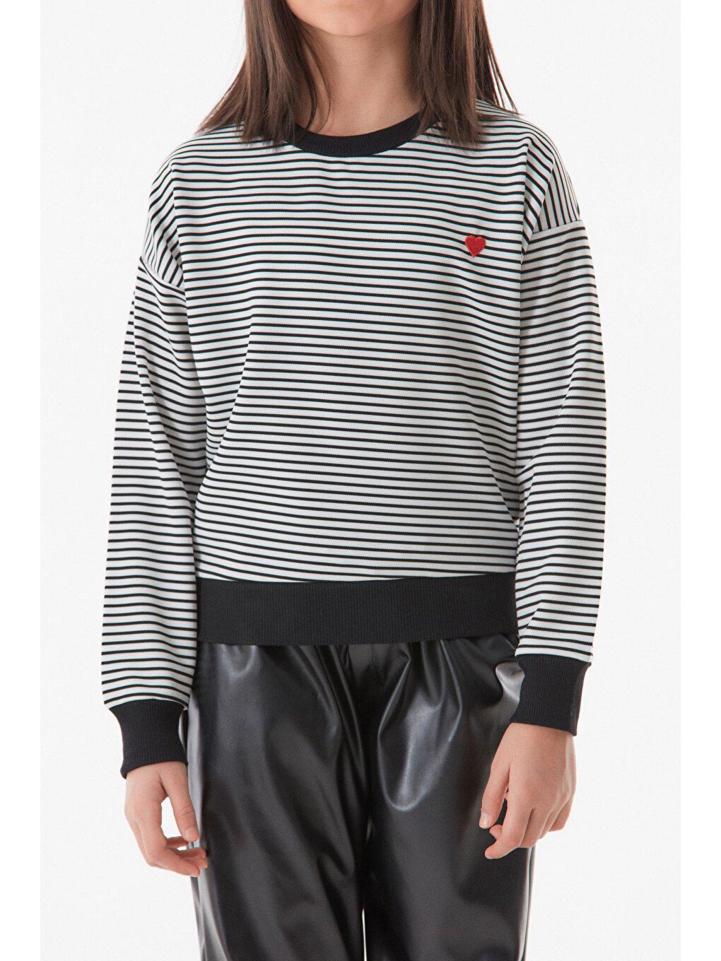 Ekru Kalp Nakışlı Çizgili Kız Çocuk Sweatshirt-4