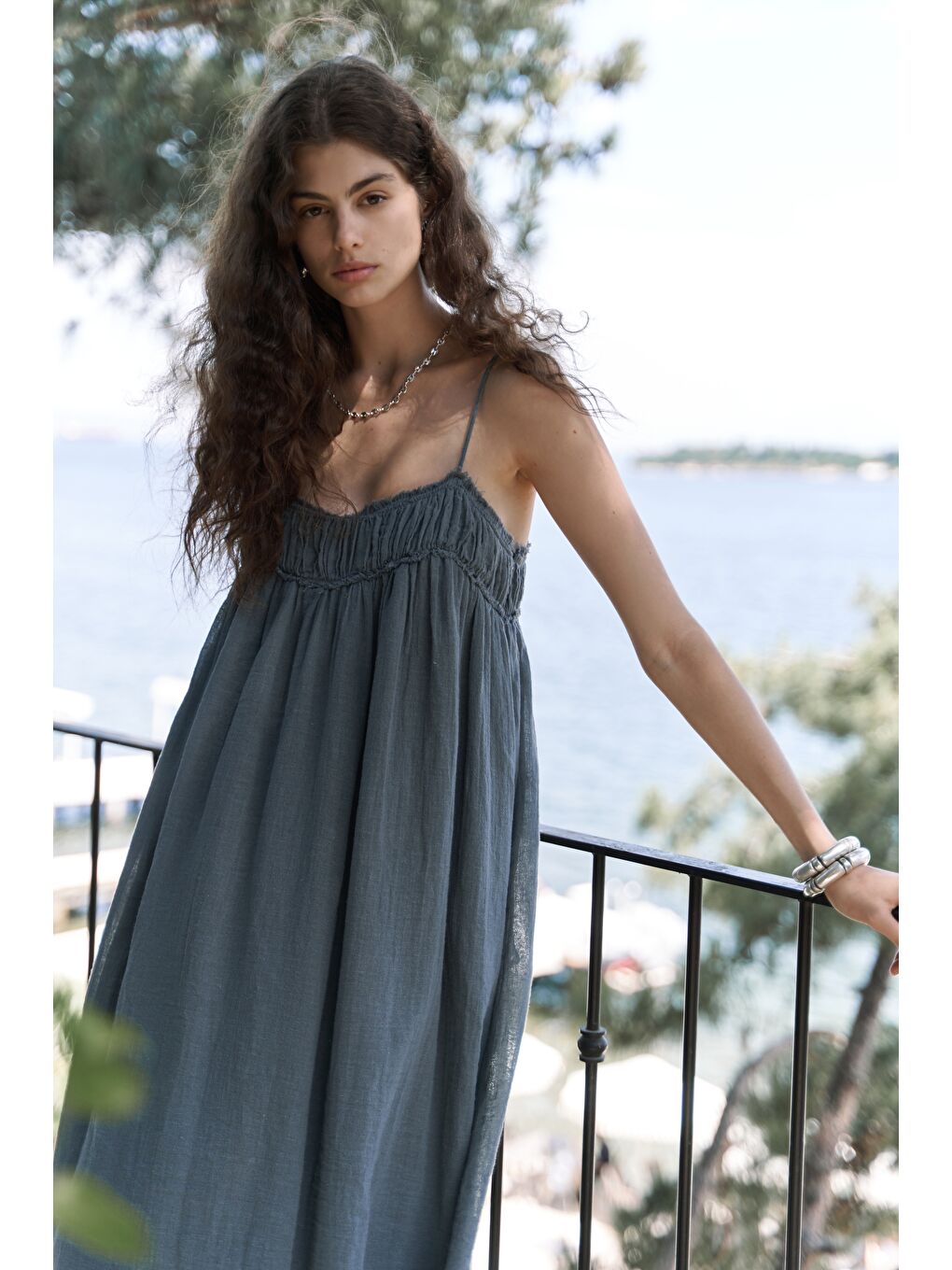 Gri Torrora Uzun Füme Keten Elbise-3