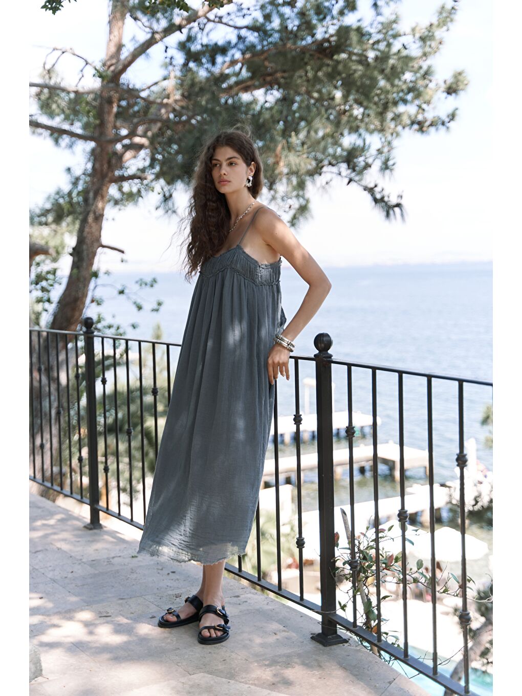 Gri Torrora Uzun Füme Keten Elbise-5