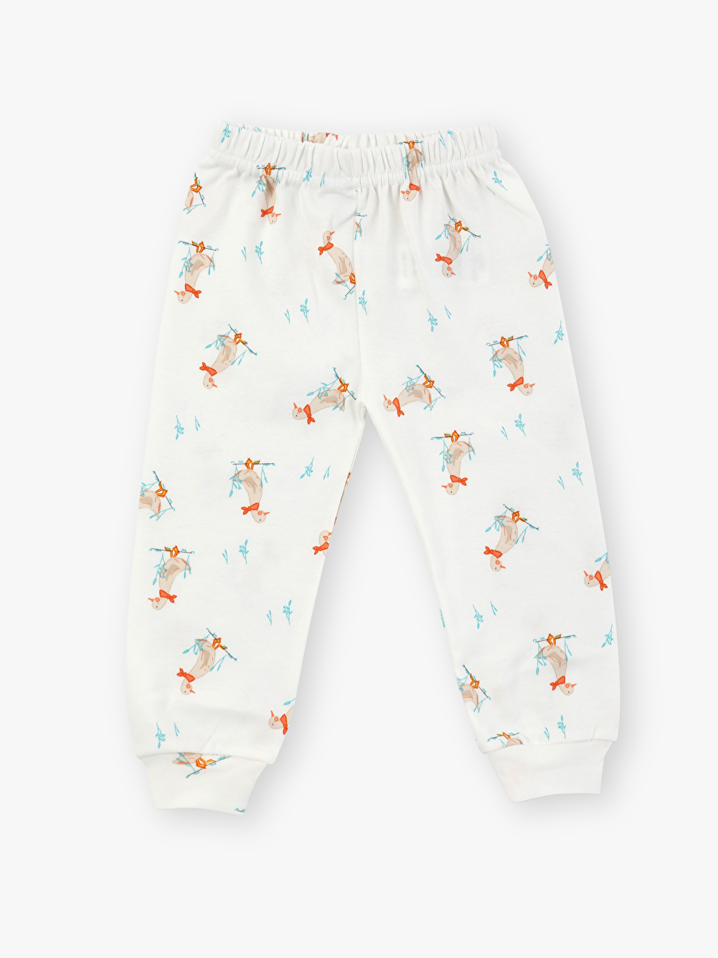 Ekru Bisiklet Yaka Kısa Kollu Baskılı Kız Bebek Çıtçıtlı Body ve Pantolon 2'li Takım-2