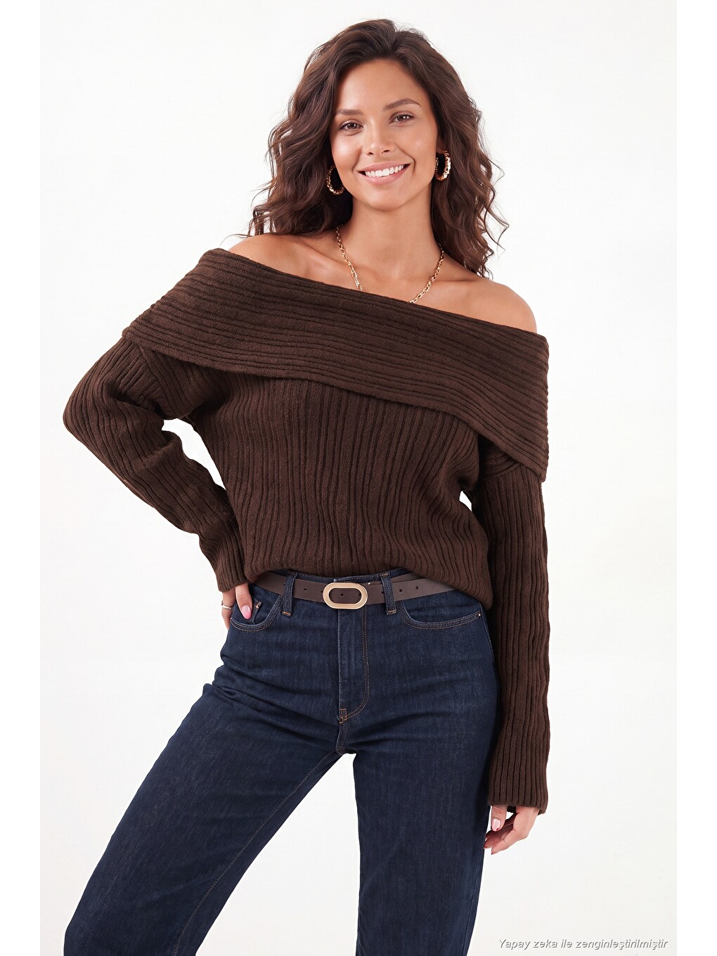 Kahverengi Oversize Fit Madonna Yaka Triko Kadın Kazak 4615216-1