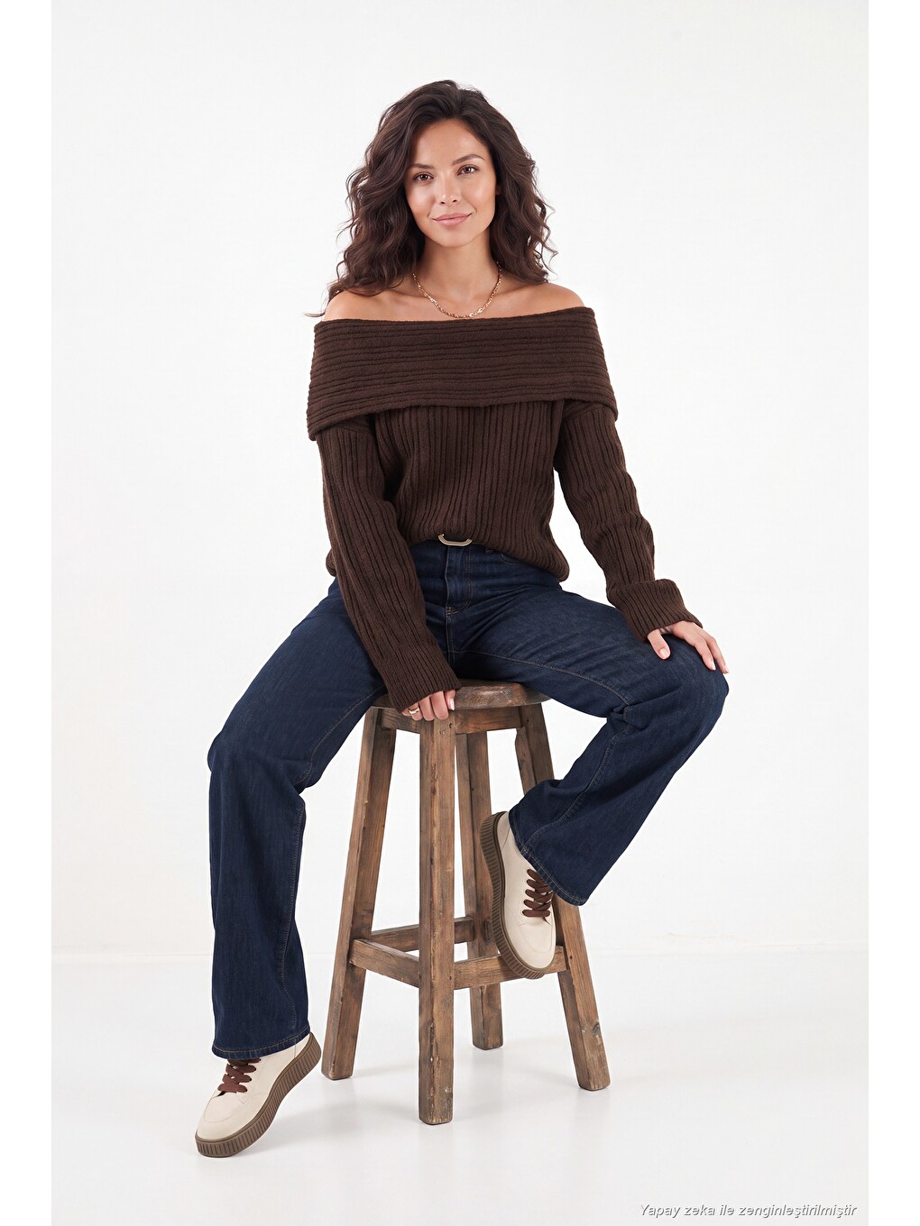 Kahverengi Oversize Fit Madonna Yaka Triko Kadın Kazak 4615216-4