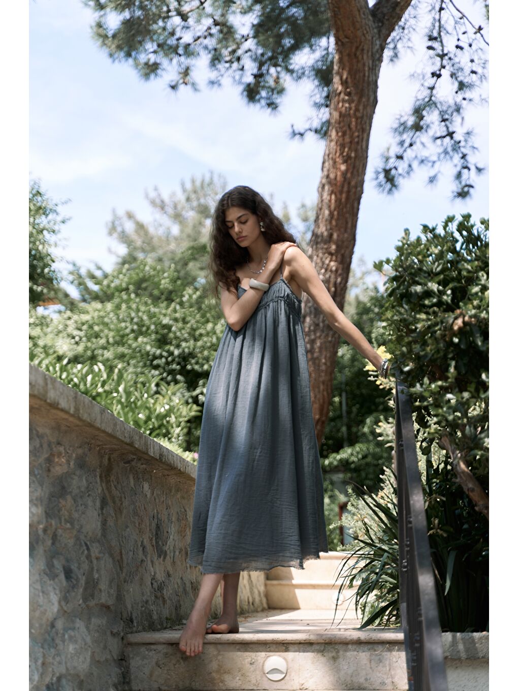 Gri Torrora Uzun Füme Keten Elbise-6