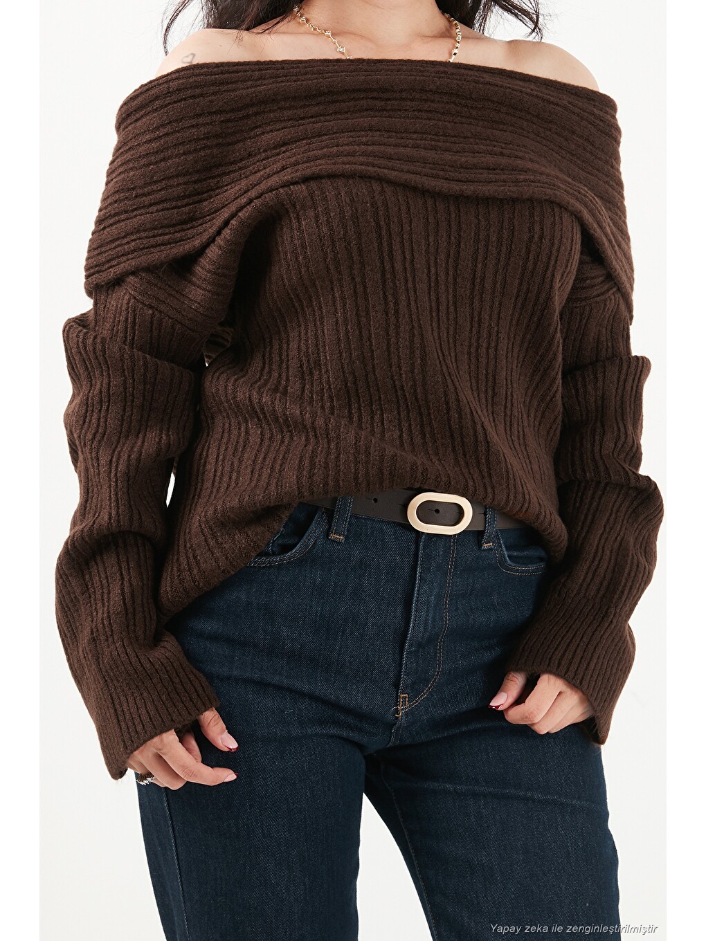 Kahverengi Oversize Fit Madonna Yaka Triko Kadın Kazak 4615216-5