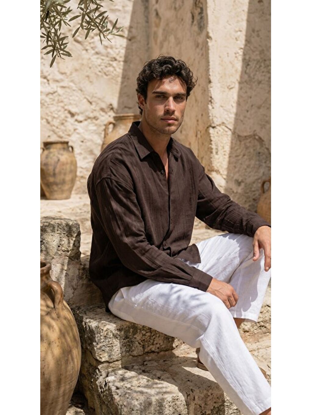 Kahverengi Erkek Armürlü Yarım Oversize Müslin Gömlek-1