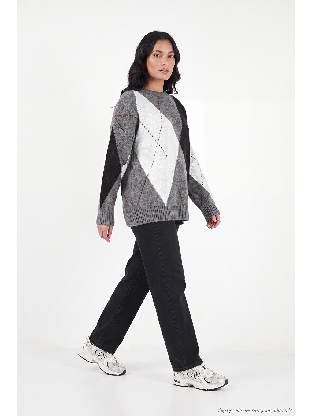 Antrasit Oversize Fit Bisiklet Yaka Baklava Desenli Kadın Kazak 4615578-1