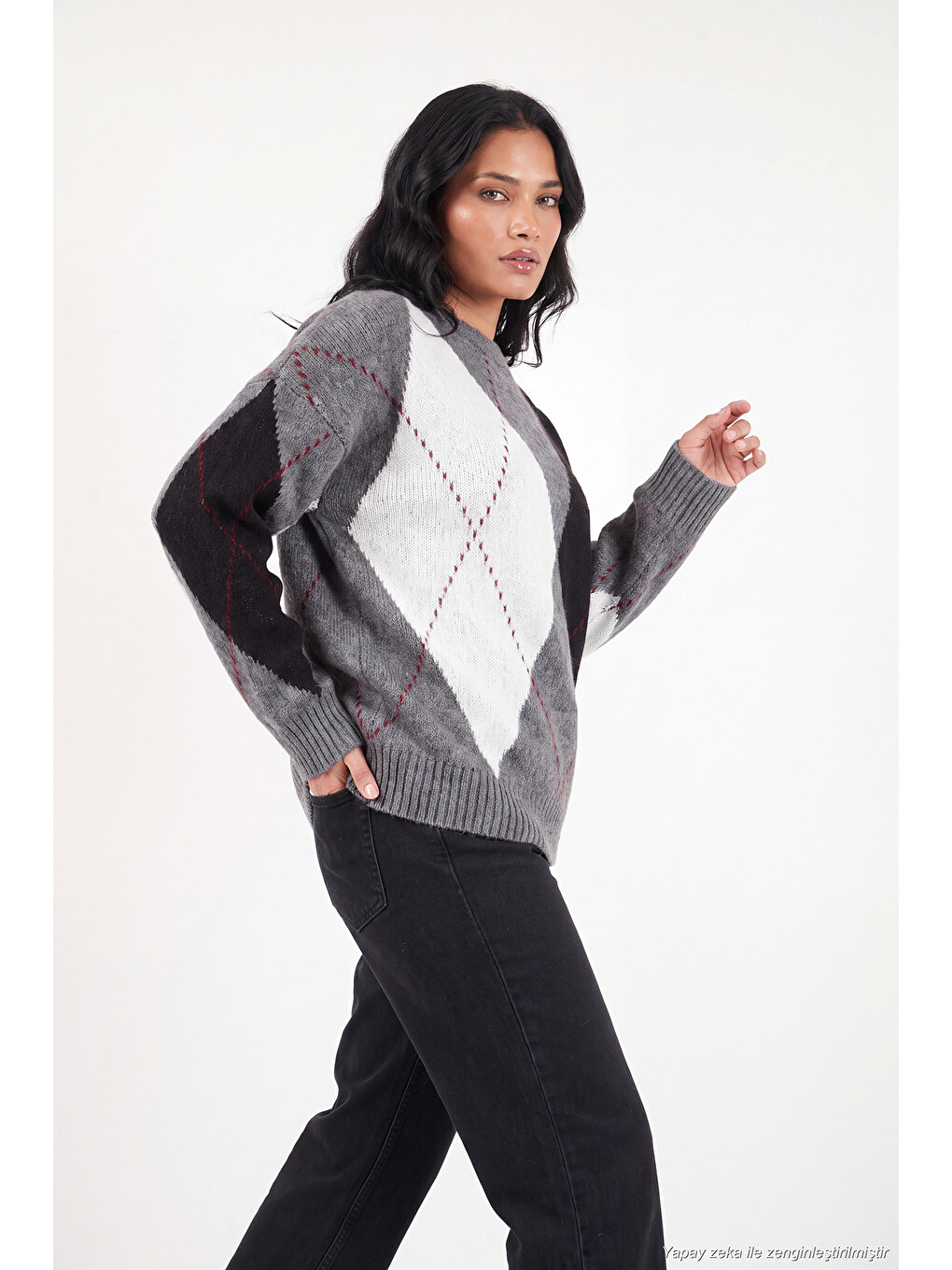 Antrasit Oversize Fit Bisiklet Yaka Baklava Desenli Kadın Kazak 4615578-2