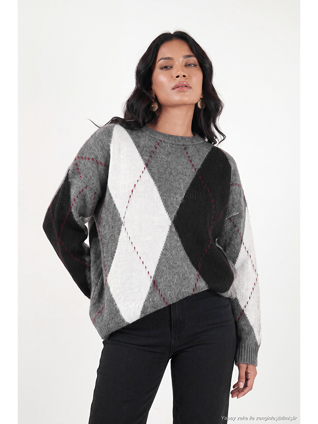 Antrasit Oversize Fit Bisiklet Yaka Baklava Desenli Kadın Kazak 4615578-3