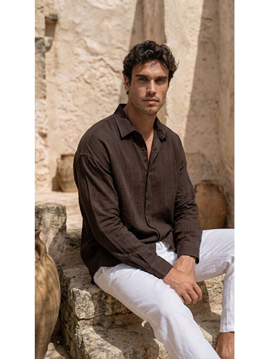 Kahverengi Erkek Armürlü Yarım Oversize Müslin Gömlek-2