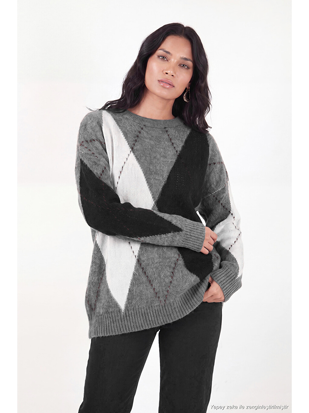 Antrasit Oversize Fit Bisiklet Yaka Baklava Desenli Kadın Kazak 4615578-4