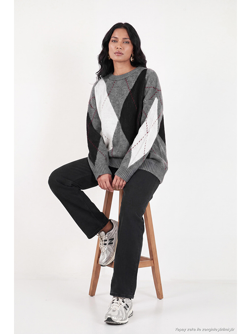 Antrasit Oversize Fit Bisiklet Yaka Baklava Desenli Kadın Kazak 4615578-5